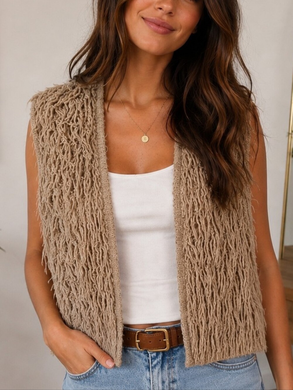 Le Lis Blanc Tan Shaggy Fringe Vest Boho Western Open Front Layering Piece